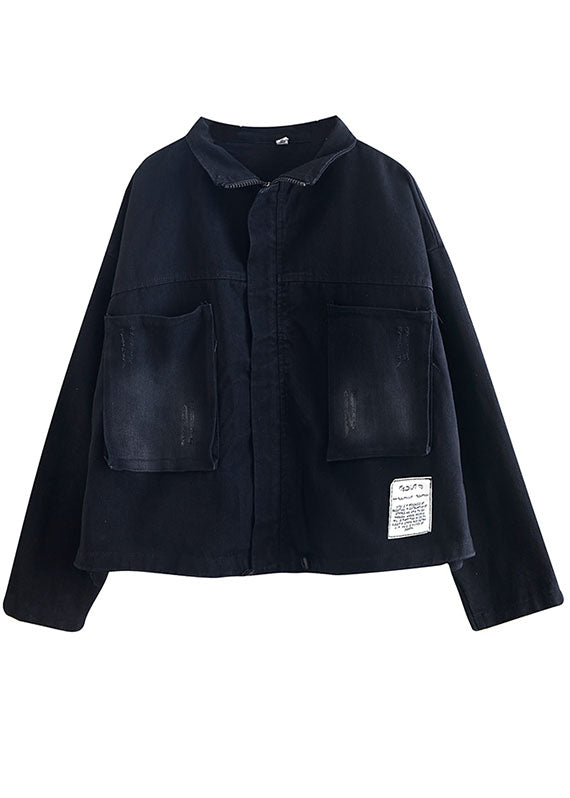 Black Pockets Zippered Drawstring Fall Denim Long Sleeve Coat