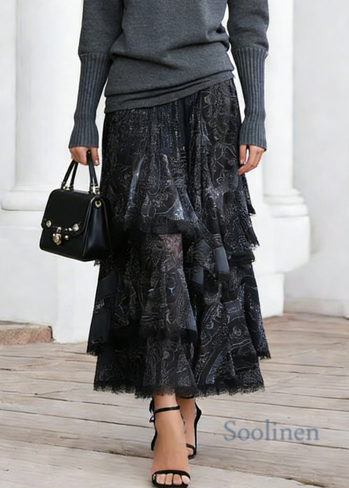 Black Print Elastic Waist Lace a Line Skirts