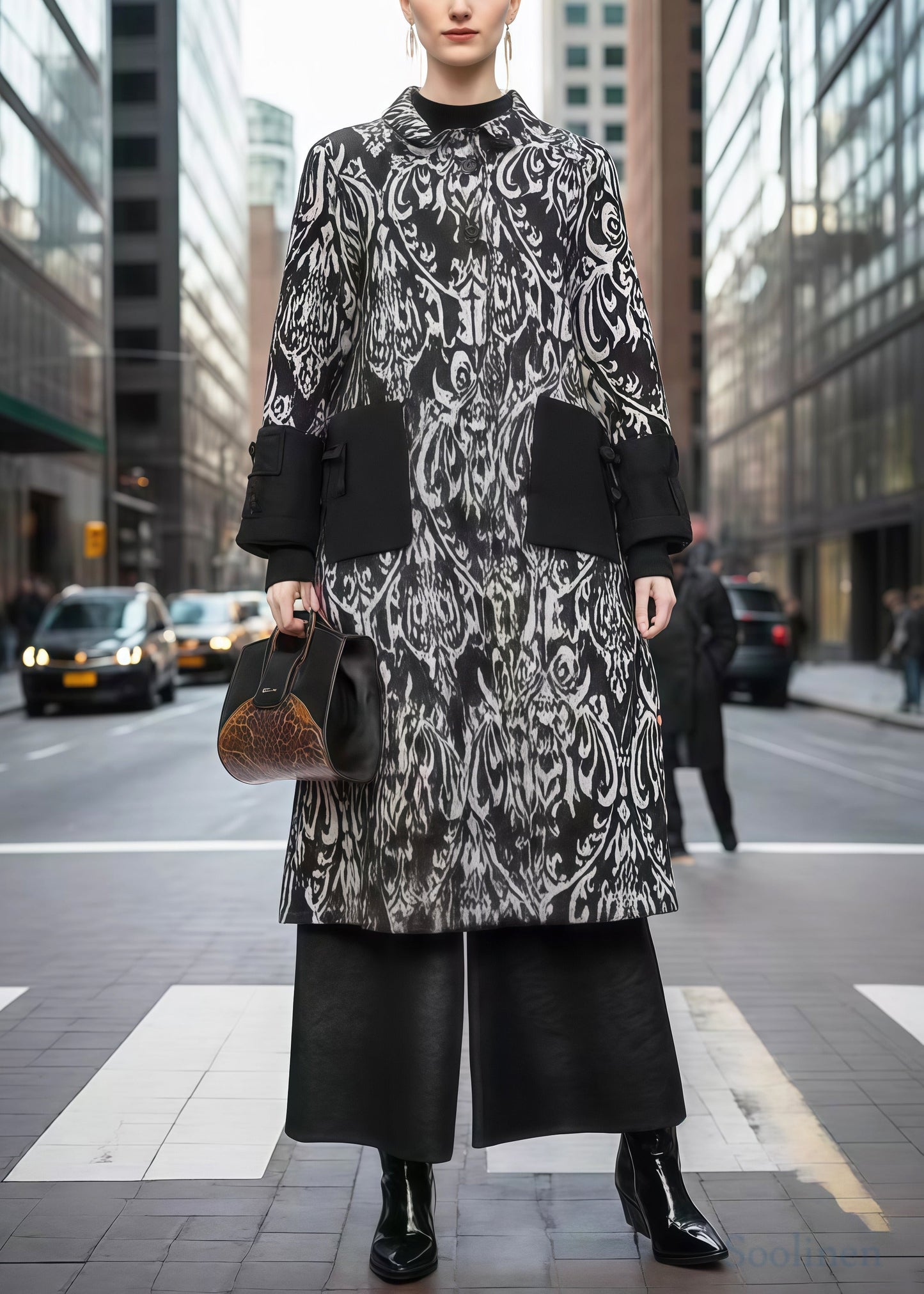 Black Print Patchwork Warm Fleece Woolen Trench Winter