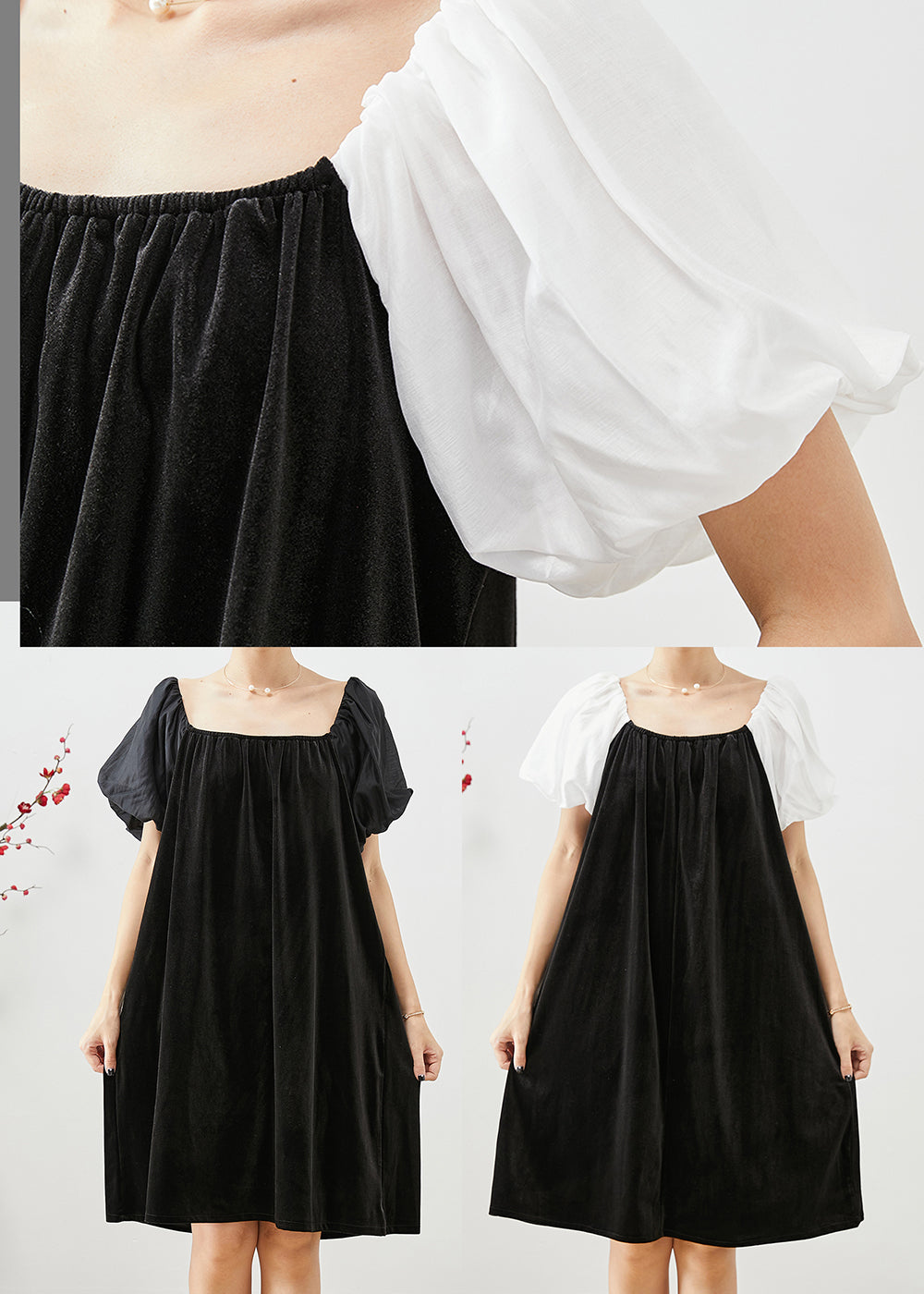 Black Square Collar Patchwork Silk Velour Maxi Dresses Summer