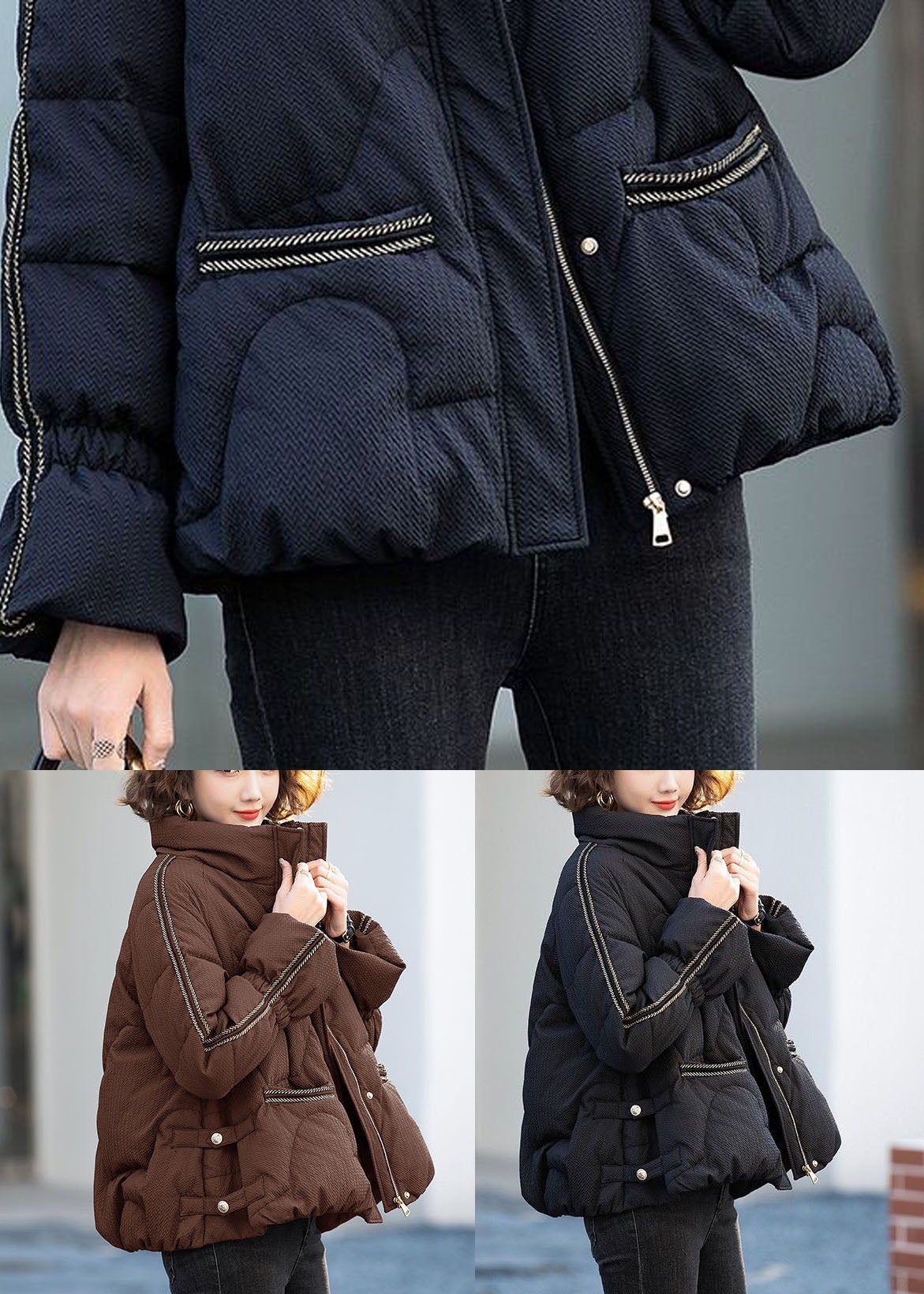 Black Stand Collar Zippered Duck Down Down Jacket Winter