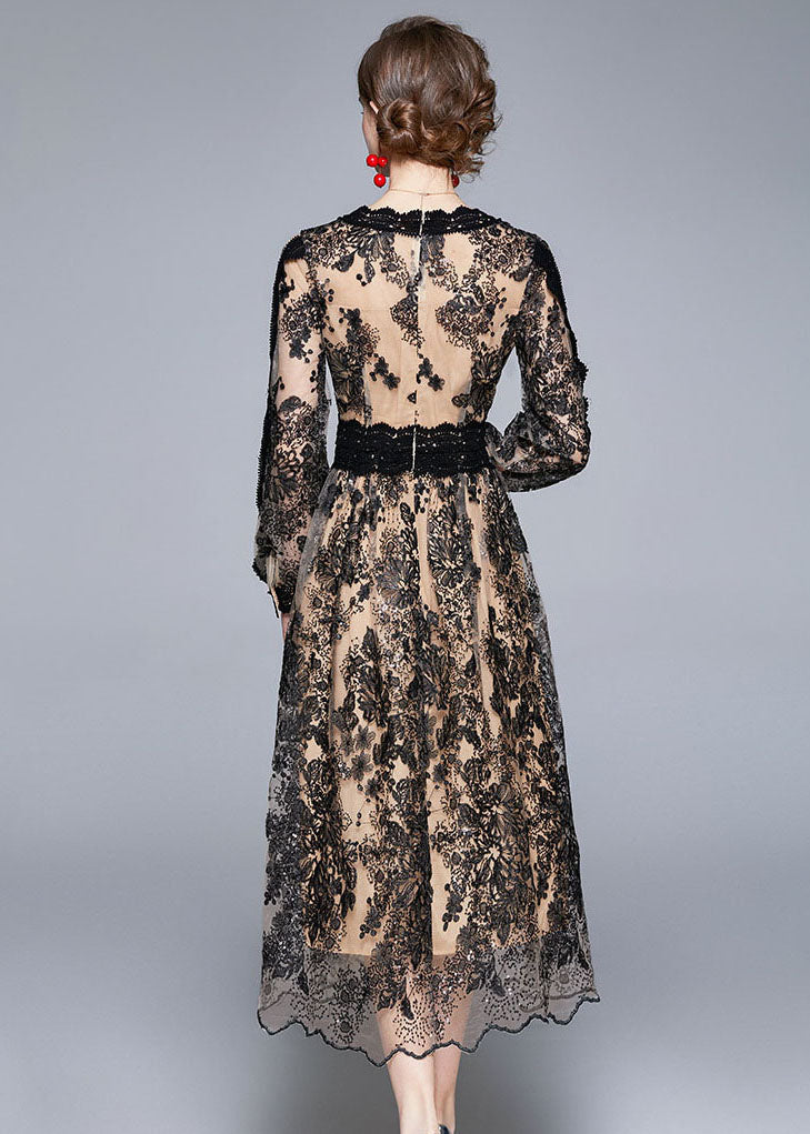 Black V Neck Embroideried Patchwork Tulle Dresses Long Sleeve