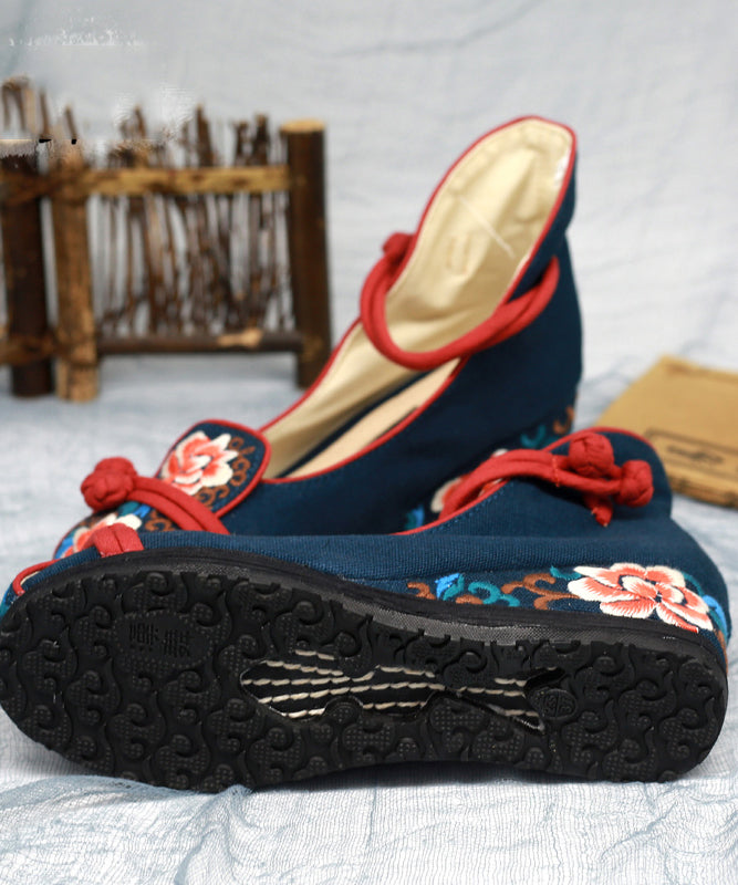 Blue High Wedge Heels Shoes Wedge Embroideried Comfy Cotton Fabric Buckle Strap High Wedge Heels Shoes