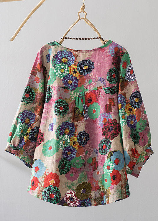 Blue O-neck Oversized Print Linen Blouses Bracelet Sleeve