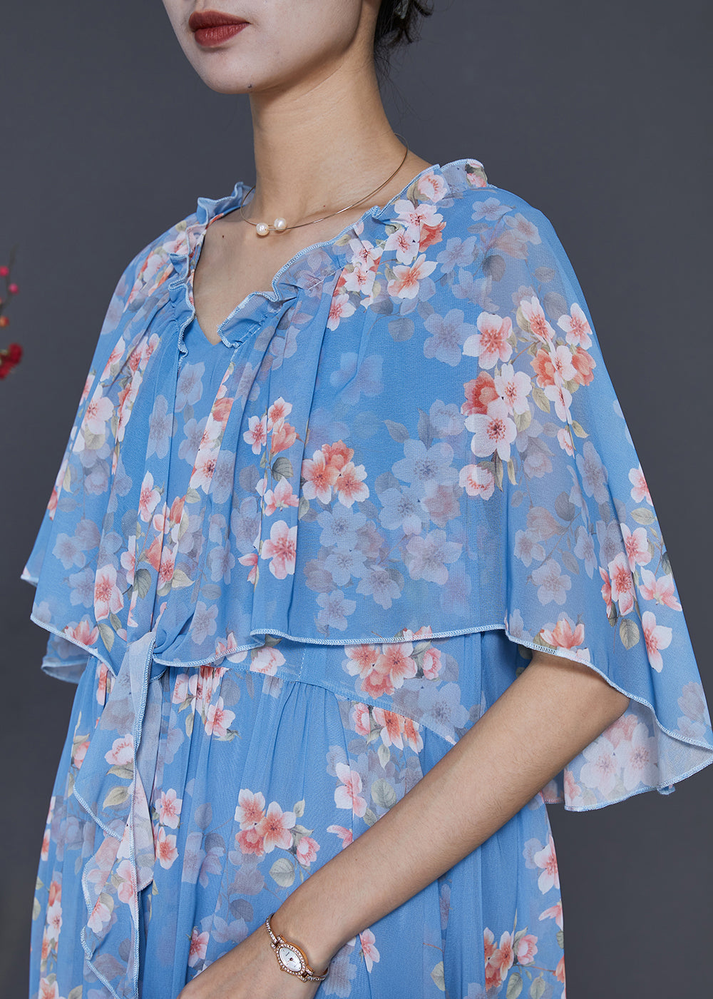 Blue Ruffled Print Chiffon Dresses Cloak Sleeves