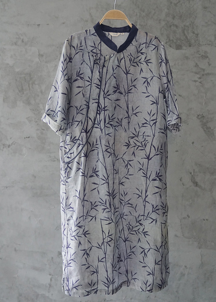 Blue Stand Collar Side Open Print Patchwork Linen Dresses Three Quarter Sleeve