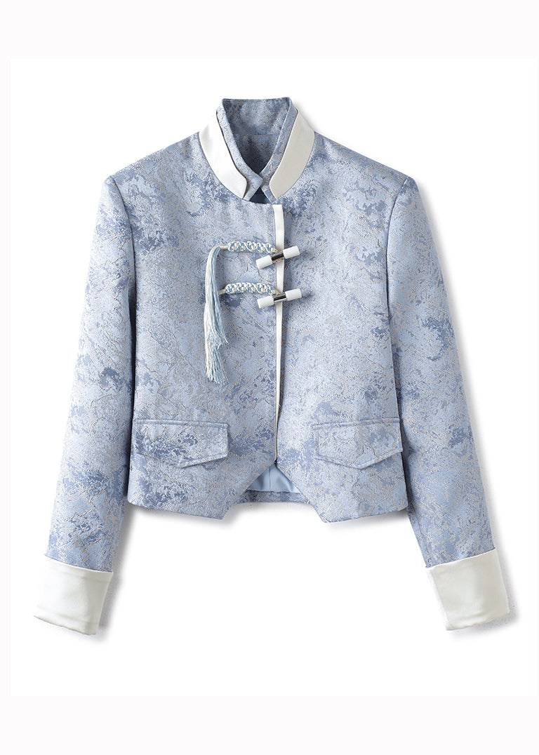 Blue Tasseled Jacquard Patchwork Cotton Coats Fall