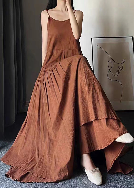 Caramel O Neck Wrinkled Patchwork Cotton Spaghetti Strap Dress Sleeveless