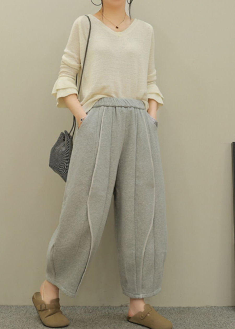 Grey Pockets Elastic Waist Patchwork Cotton Pants Spring