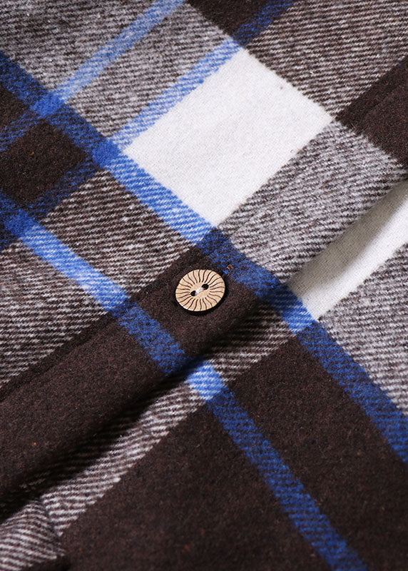 Chocolate Blue Plaid Button Cotton Dress Winter
