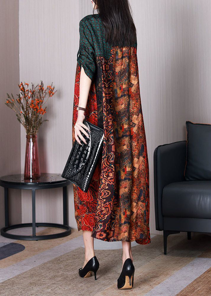 Colorblock O-neck Oversized Patchwork Silk Dresses Summer