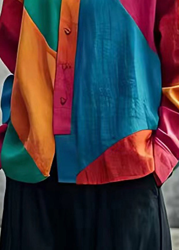 Women Colorblock Oversized Patchwork Linen Top Spring