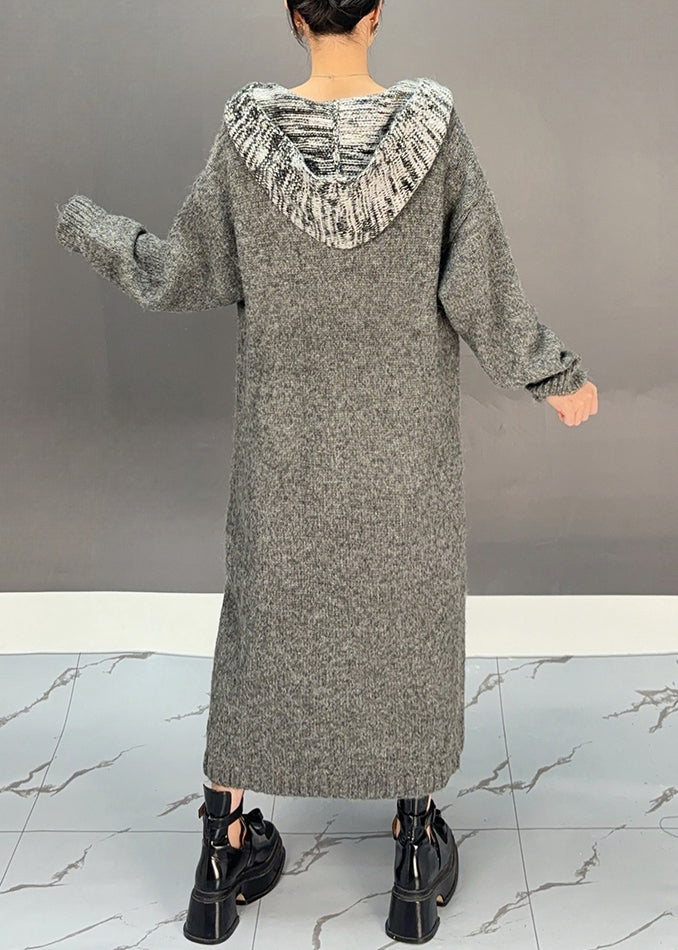 Dark Grey Patchwork Tassel Cotton Knit Hooded Cardigans Winter