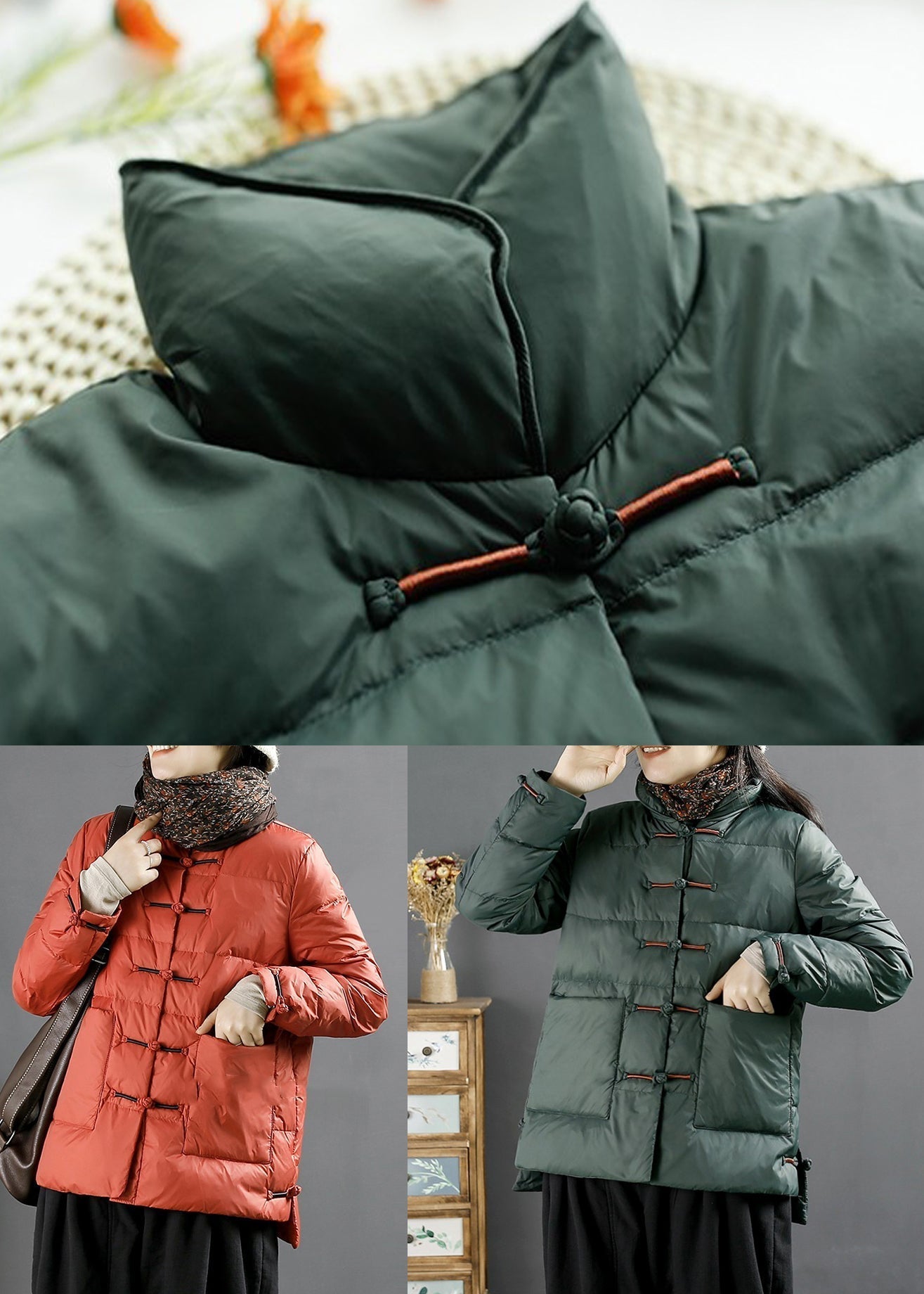 Green Button Pockets Duck Down Coats Long Sleeve