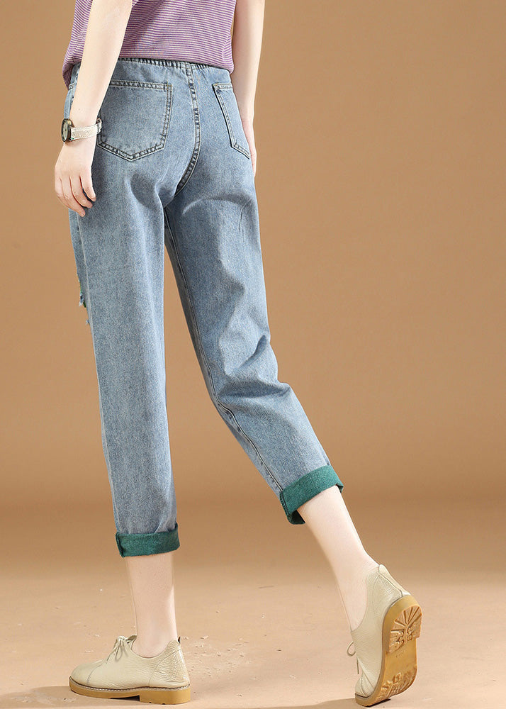 Green Graphic Print Patchwork High Waist Denim Crop Pants Summer