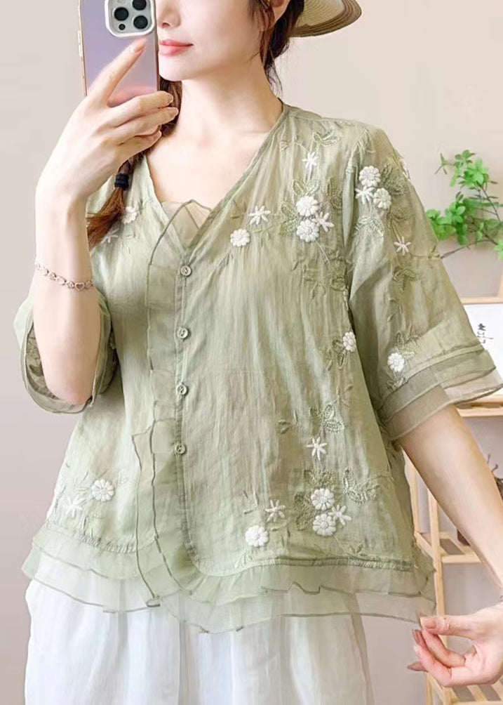 Green Ruffled Embroideried Patchwork Linen Blouse Top Summer