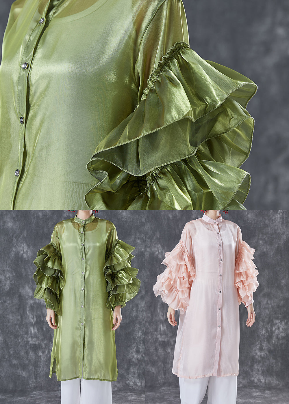 Green Stand Collar Patchwork Chiffon Holiday Dress Summer