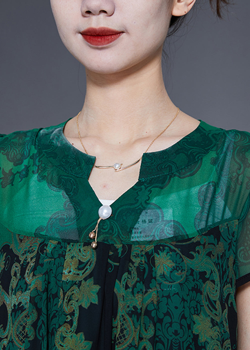 Green V Neck Print Chiffon Holiday Dress Summer