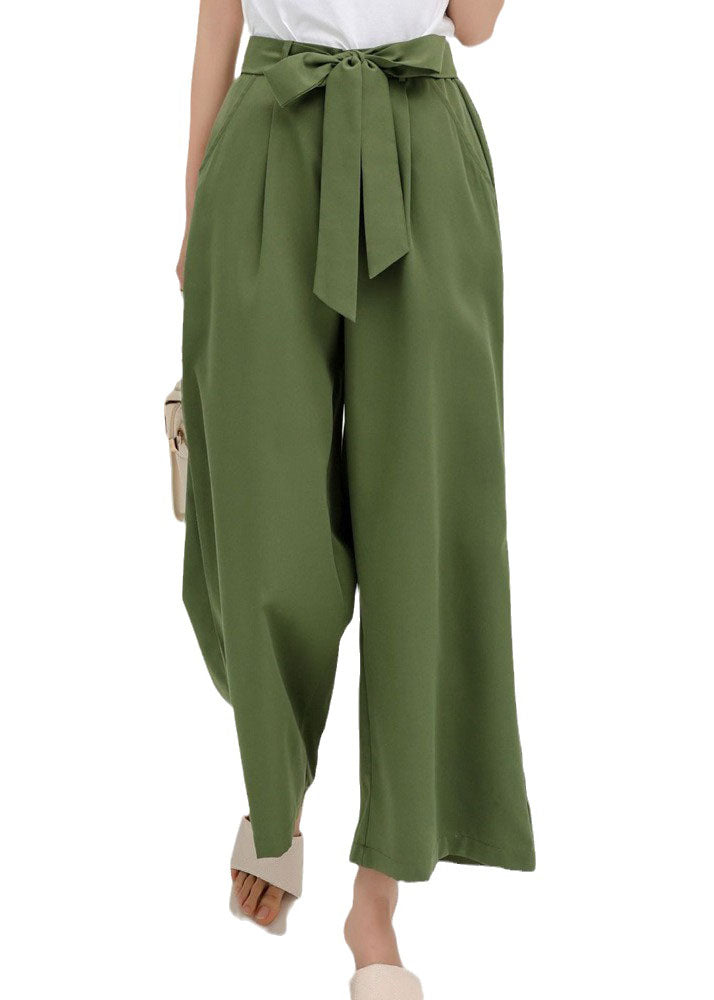 Green Wrinkled Bow Pockets Cotton Crop Pants Summer