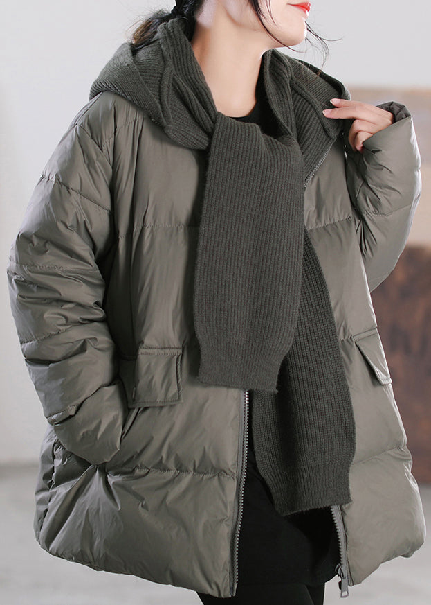 Grey Green Zippered Patchwork Removable Hooded Duck Down Down Coats Winter