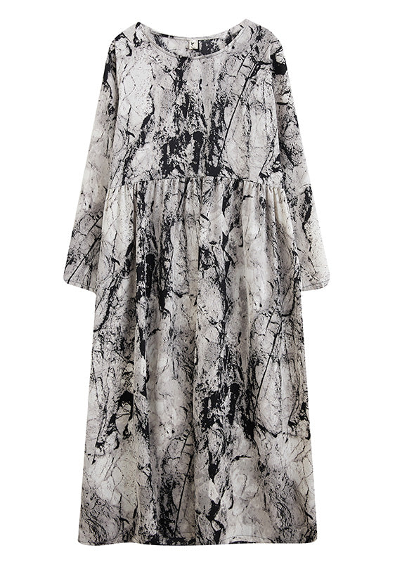Grey O-neck Patchwork Print Cozy Long Dress Fall