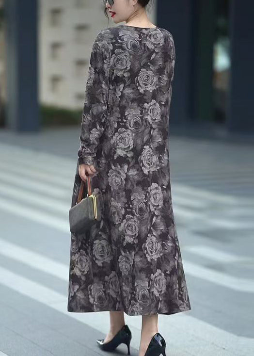 Grey O Neck Print Cotton Long Dress Spring