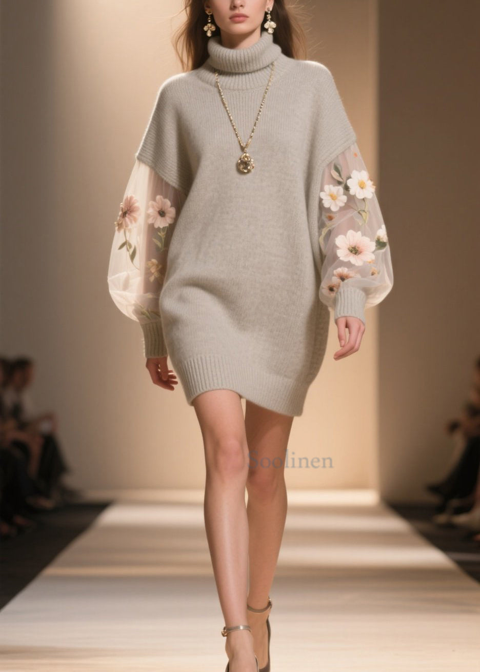 Hign Neck Tulle Patchwork Knit Sweater Dress Winter