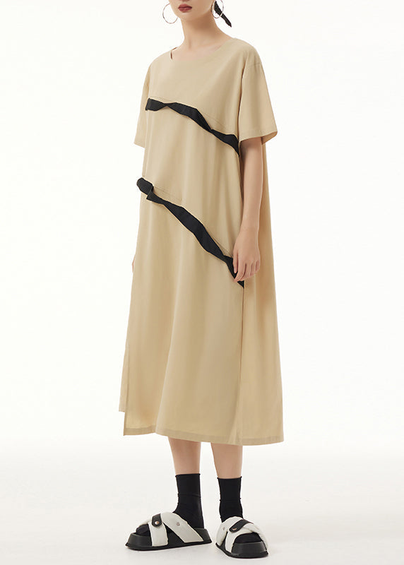 Khaki O Neck Front Open Patchwork Cotton Dresses Short Sleeve