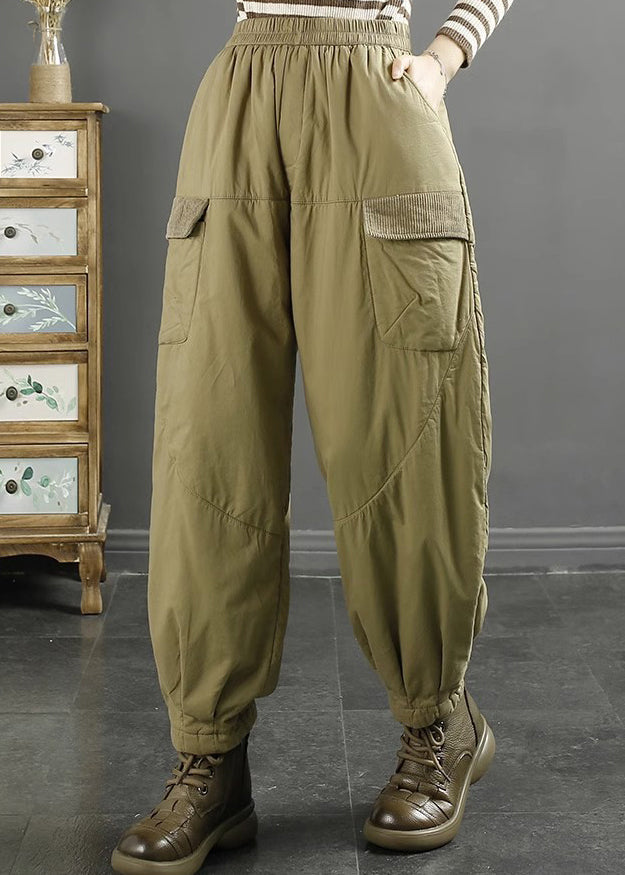 Khaki Pockets Elastic Waist Fine Cotton Filled Pants Winter