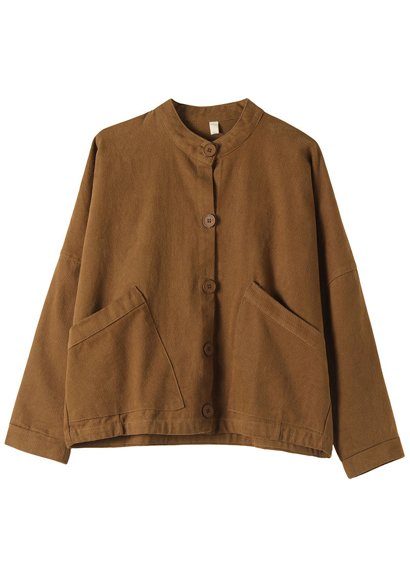 Khaki Stand Collar Pockets Button Fall Trench Long Sleeve