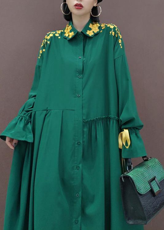Lapel Cinched Spring Ideas Green Embroidery Long Dresses