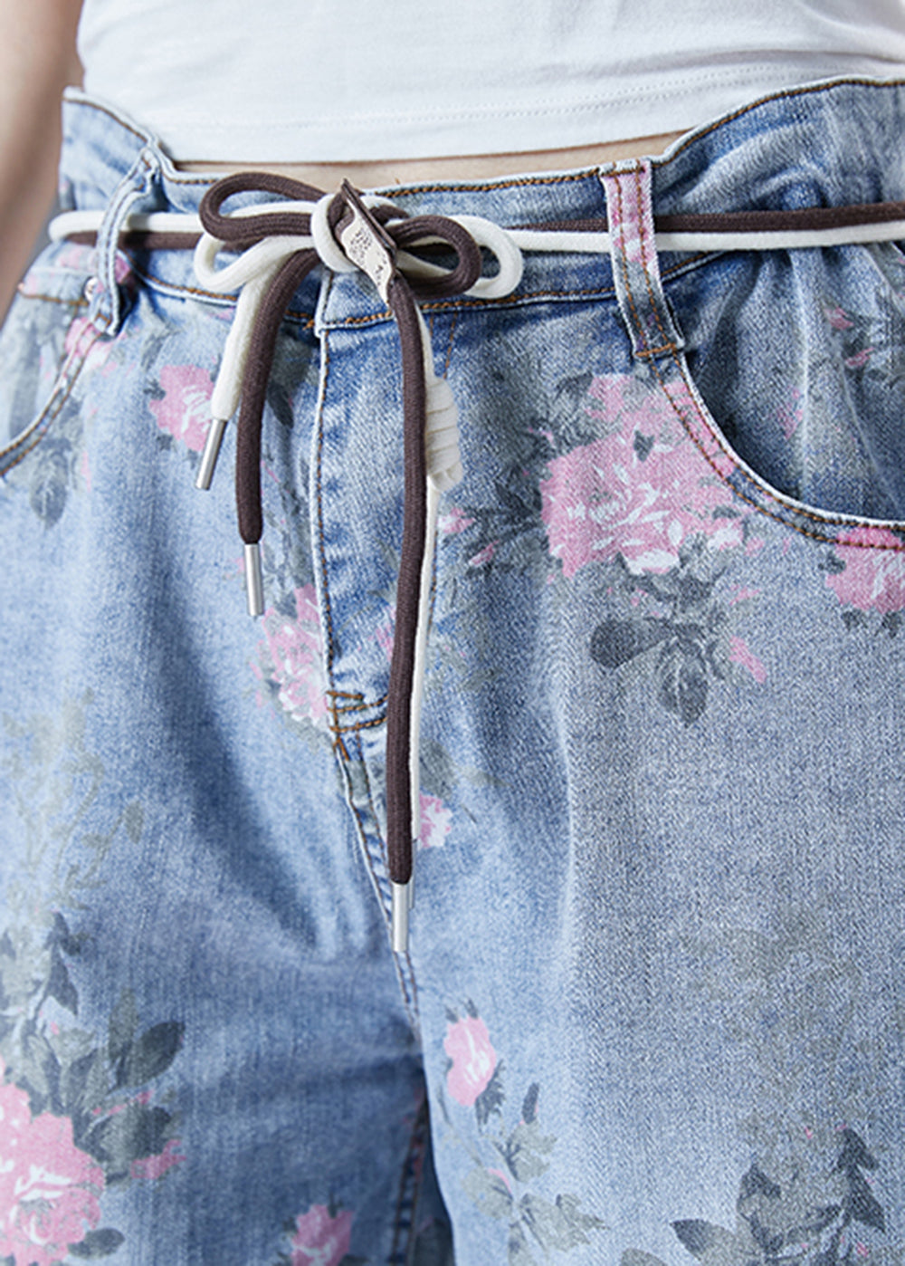 Light Blue Elastic Waist Print Denim Harem Pants Summer