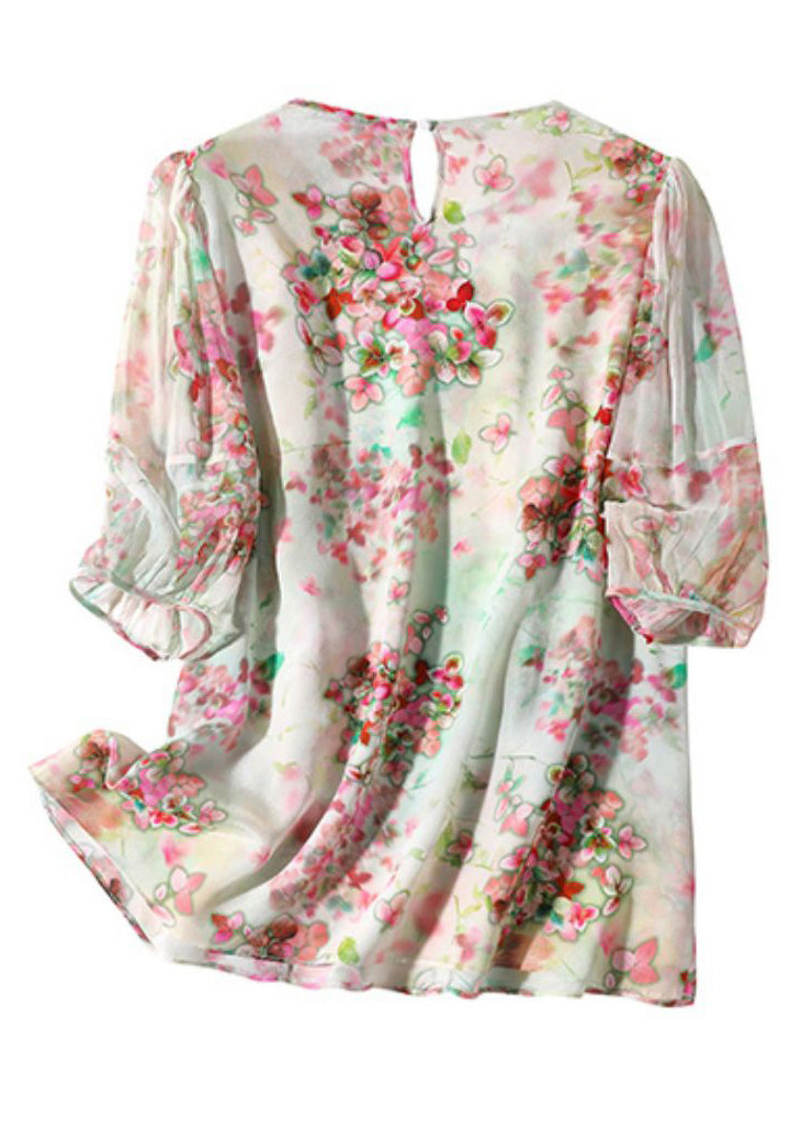 Light Green O-neck Ruffled Print Silk Shirts Half Sleeve