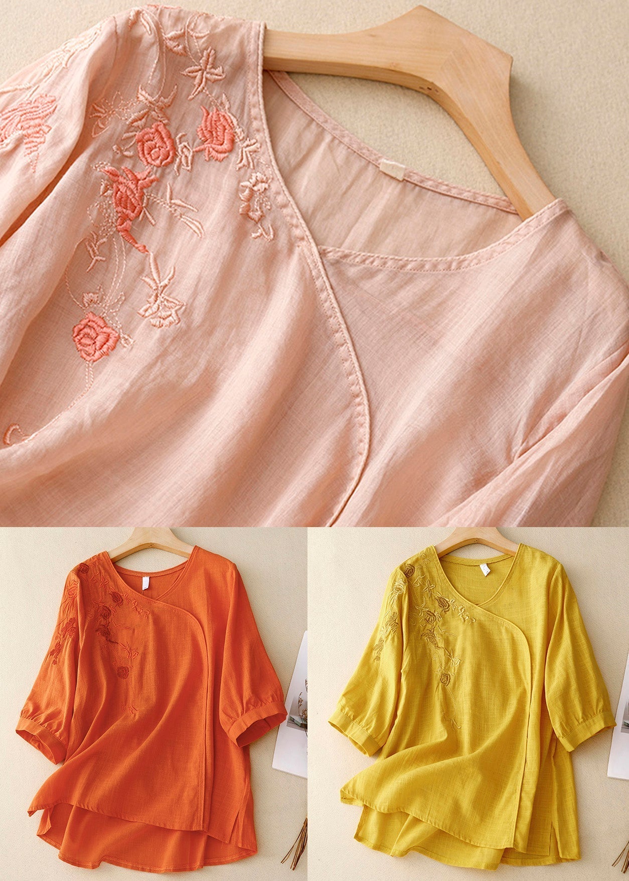 Light Pink Embroideried Side Open Linen Tops Spring