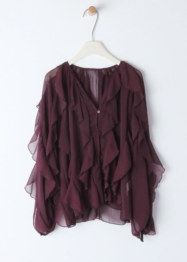 Women Mulberry V Neck Ruffled Patchwork Chiffon Blouses Summer