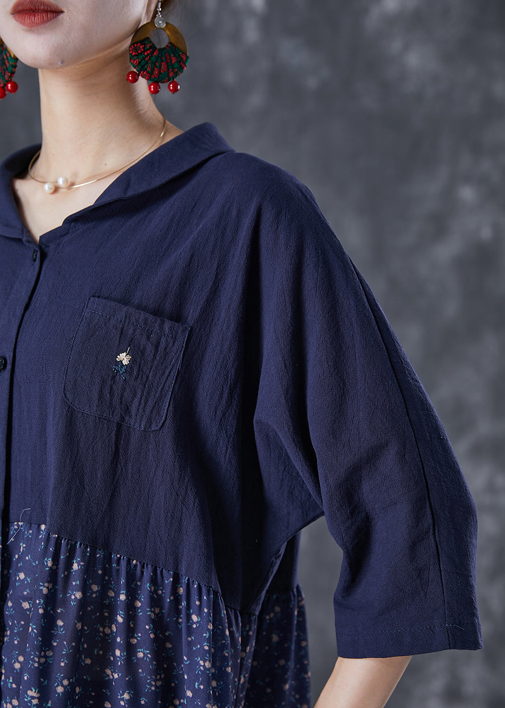 Navy Oversized Patchwork Print Linen Robe Dresses Summer