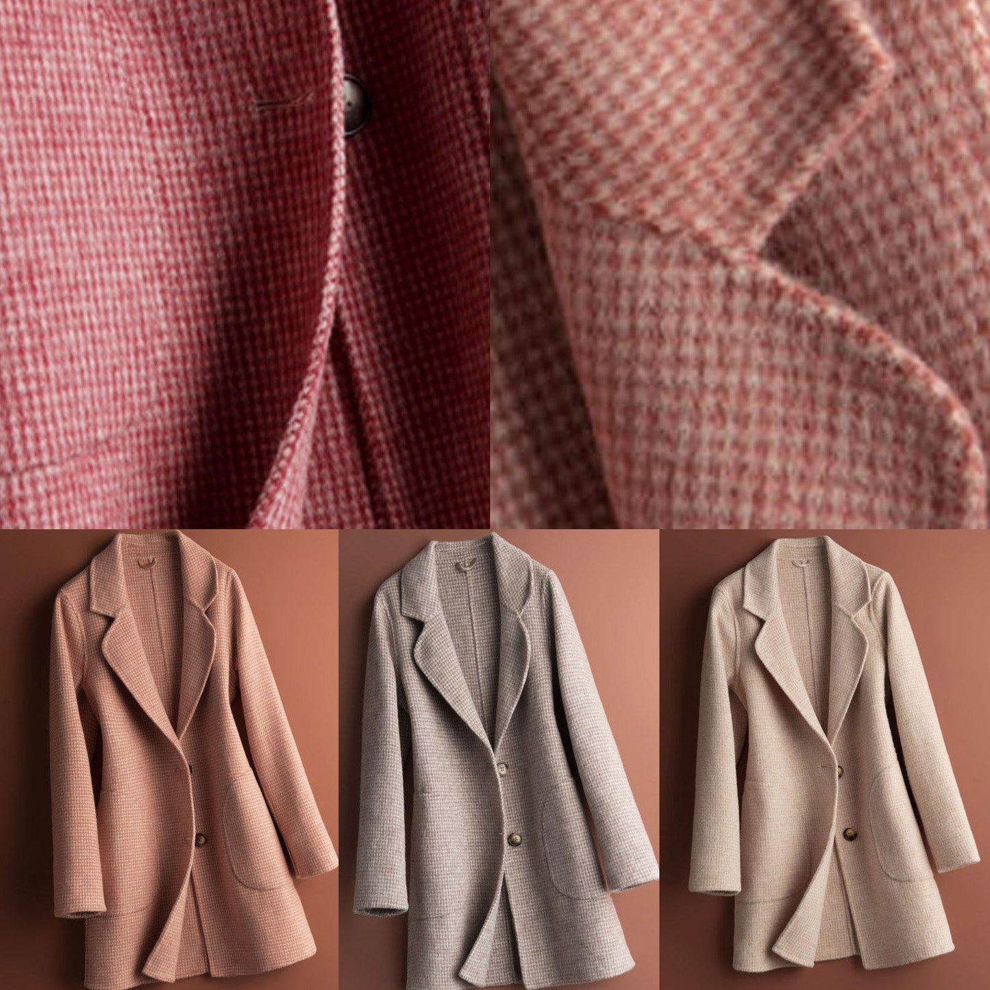 Notched Pockets Fine Clothes for Pink Plaid Daily Woolen Coats
