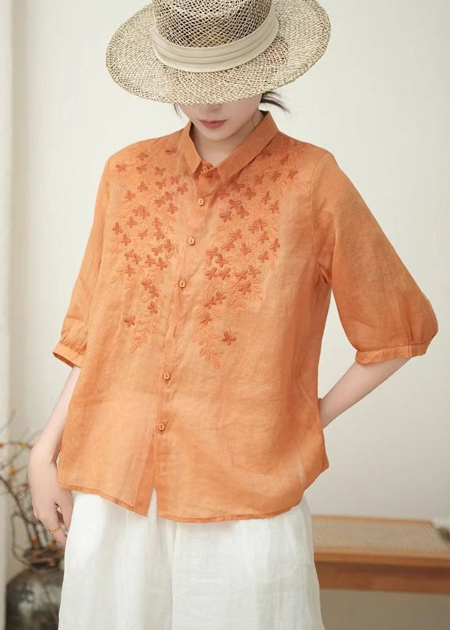 Orange Embroidered Linen Shirt Tops Bracelet Sleeve