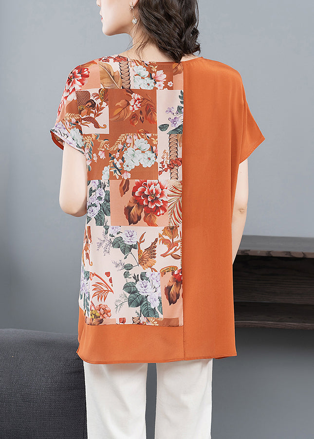 Orange O Neck Print Patchwork Silk T Shirt Tops Summer