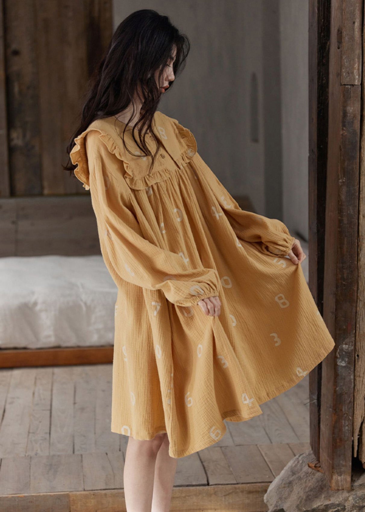 Orange Ruffled Print Cozy Cotton Maxi Dress Long Sleeve