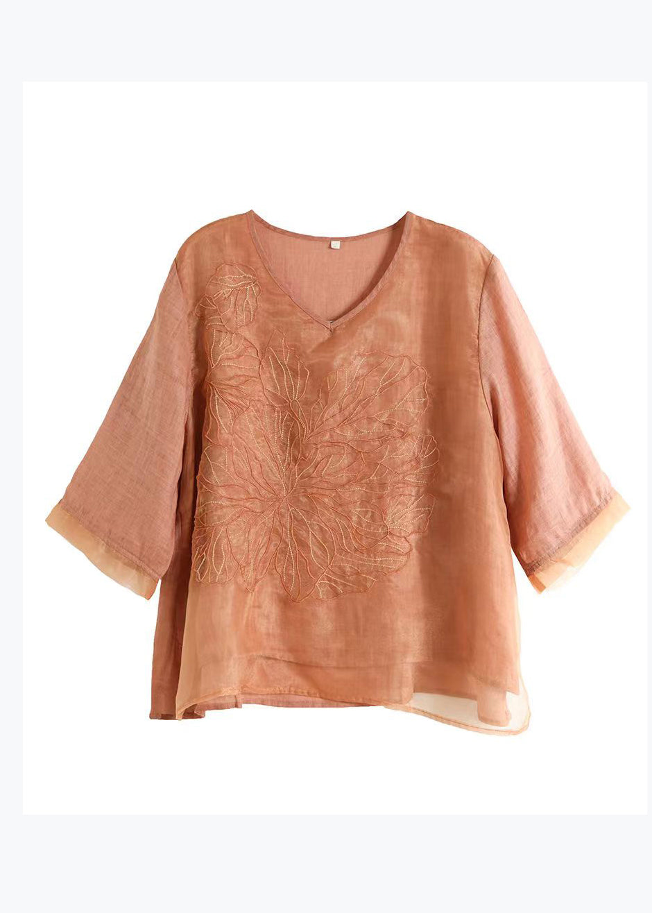 Orange V Neck Embroidered Organza Patchwork Linen Tops Summer