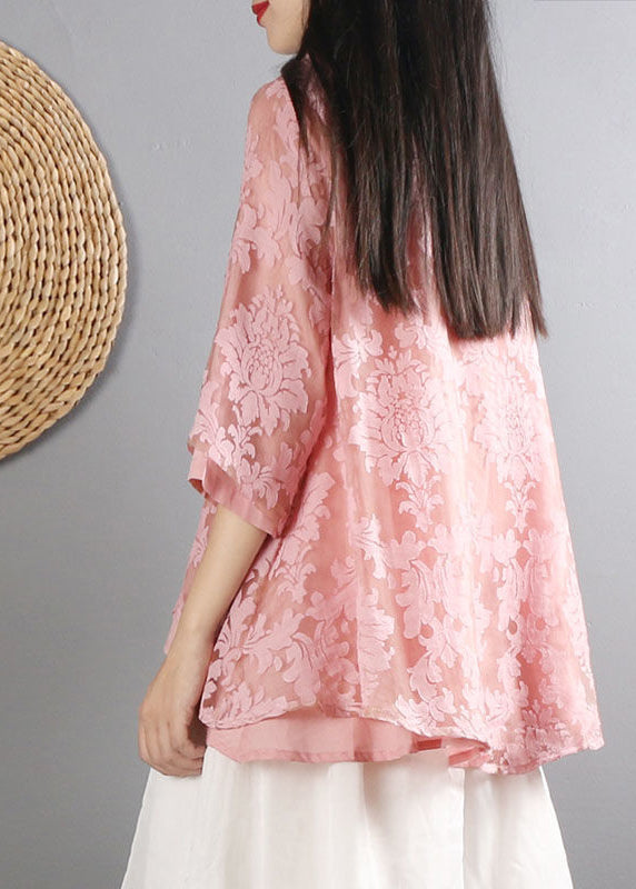 Pink Mandarin Collar Cotton Shirt Top Bracelet Sleeve