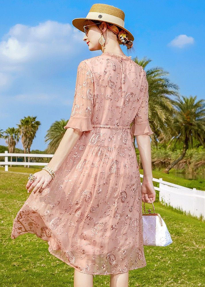 Pink Ruffled Embroideried Tie Waist Silk Cinch Dress Half Sleeve