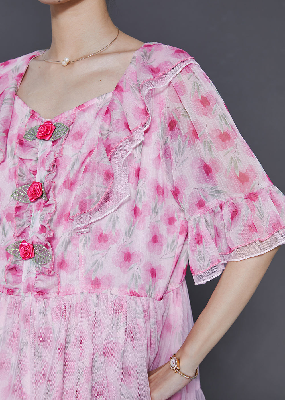 Pink Ruffled Chiffon Dresses Summer