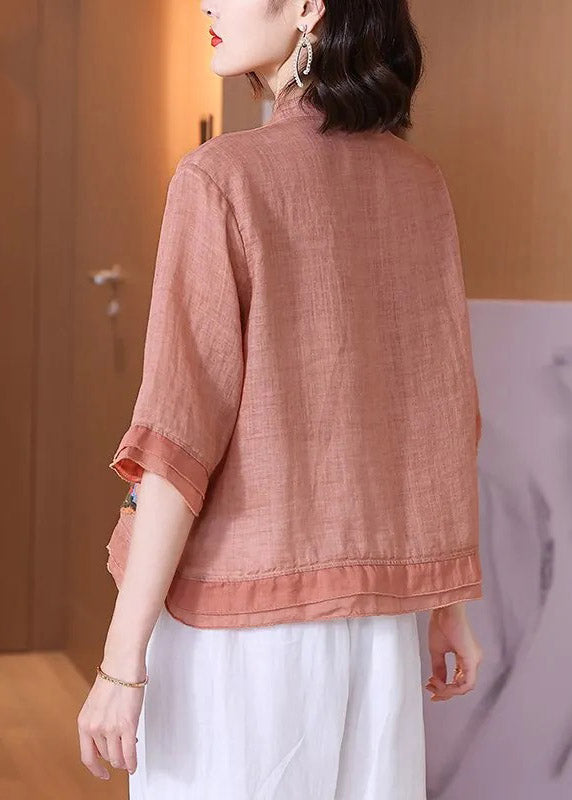 Pink Stand Collar Embroideried Button Linen Shirt Half Sleeve