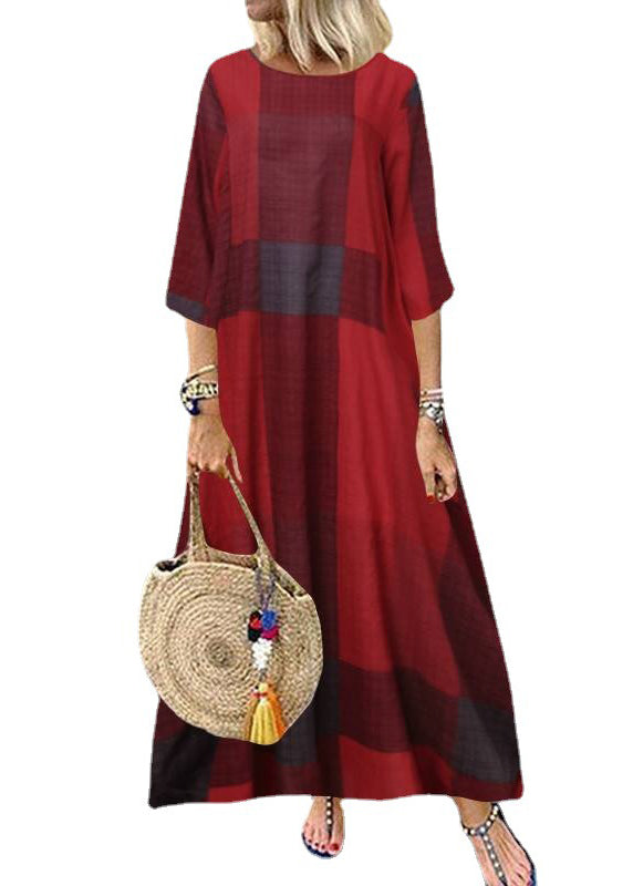 Plaid Short Sleeve Crew Neck Side Pocket Baggy Long Maxi Dress Wine Red