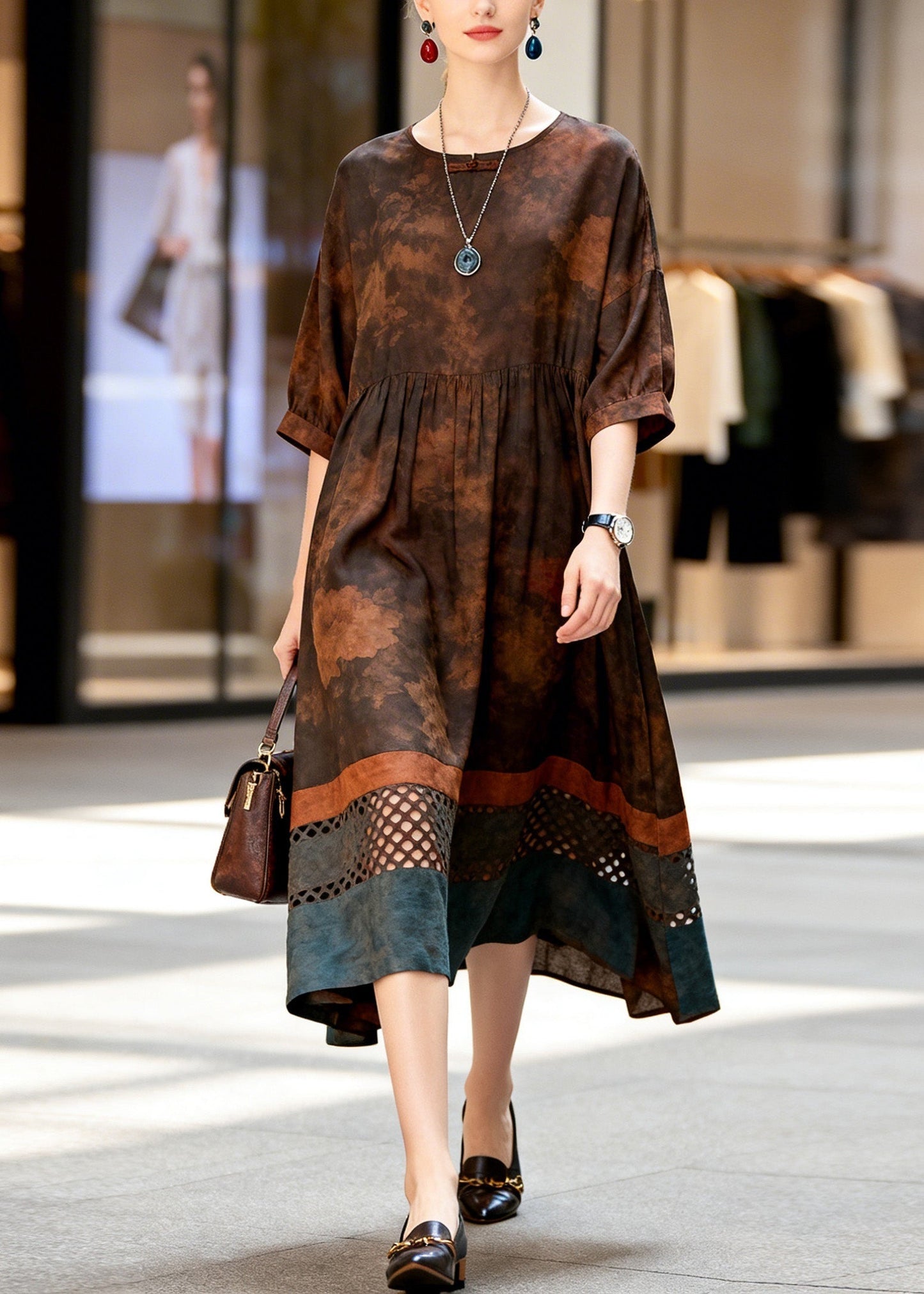 Print Hollow Out Patchwork Cotton Dress Summer