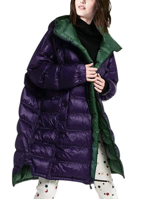 Purple Hooded Zippered Duck Down Puffer Coat Winter