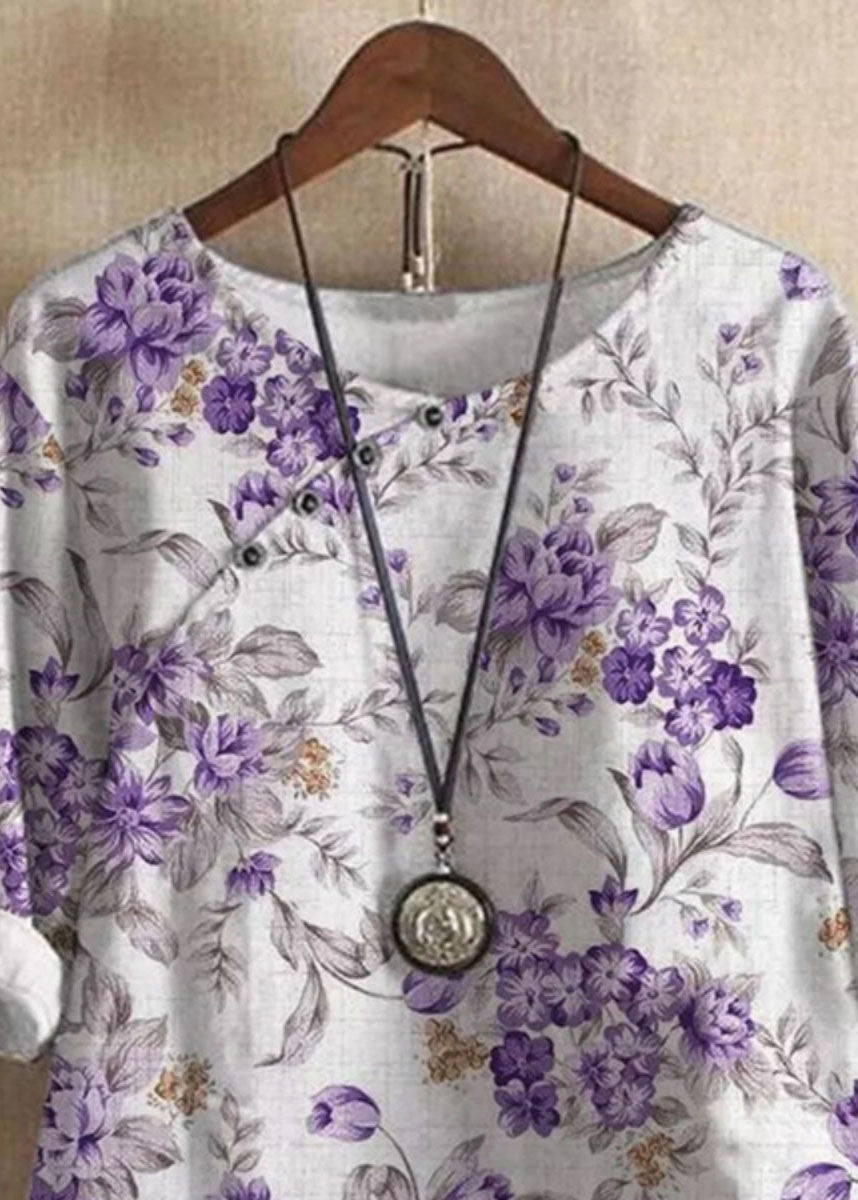 Purple O Neck Print Patchwork Linen T Shirts Tops Summer