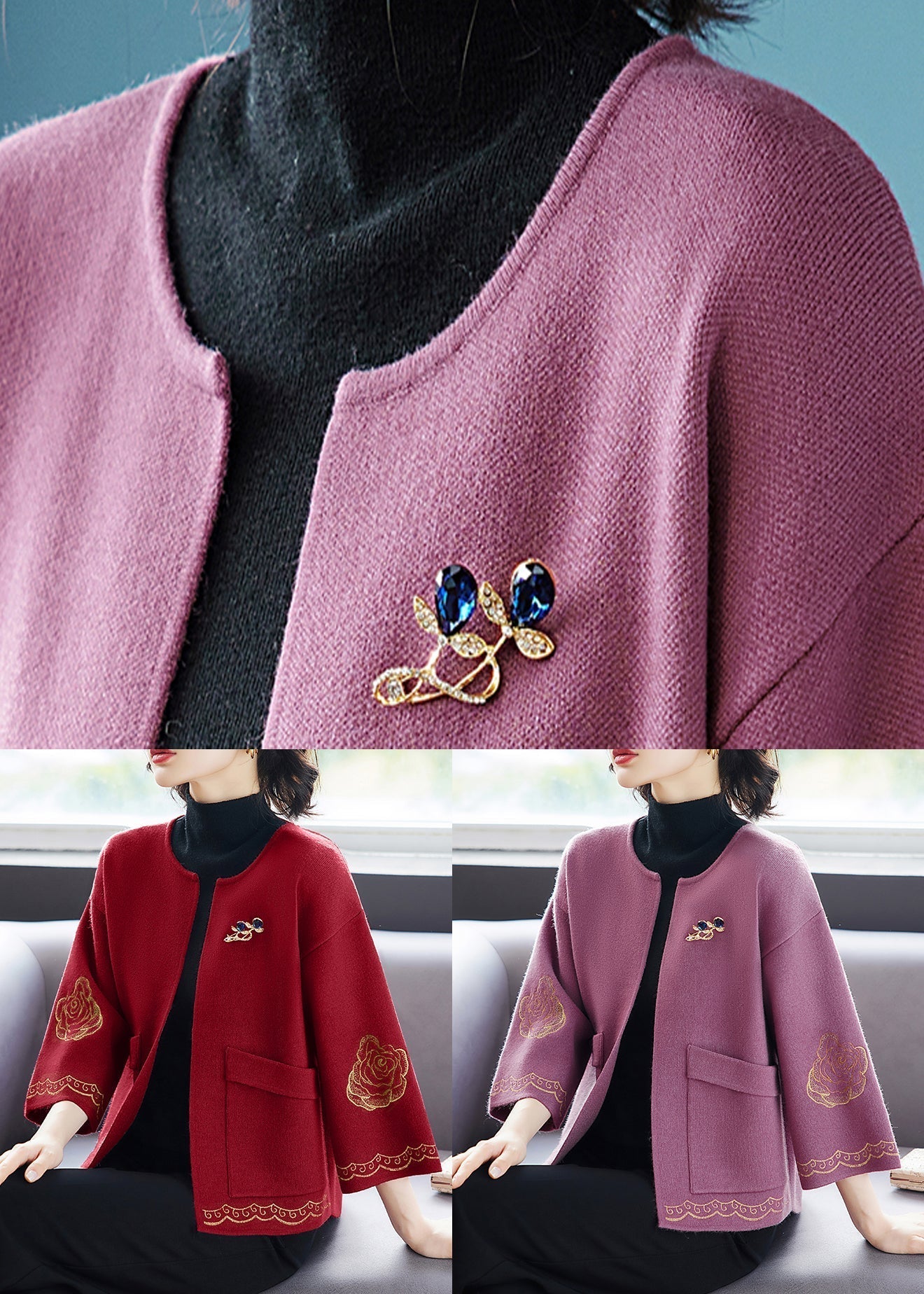 Purple O Neck Print Pockets Patchwork Wool Cardigan Fall